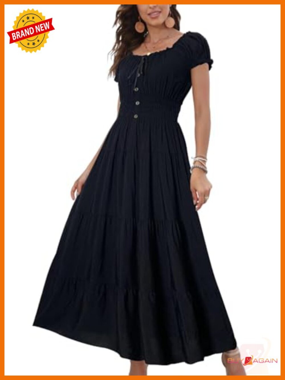 Women's Maxi Dress Short Ruffle Sleeve Scoop Neck Boho Flowy Summer Long